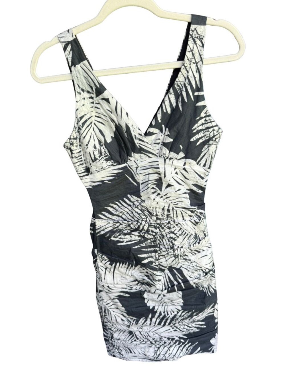 Nicole Miller Atelier Palm Print Ruched Bodycon Dress Size 6 Black White Tropica